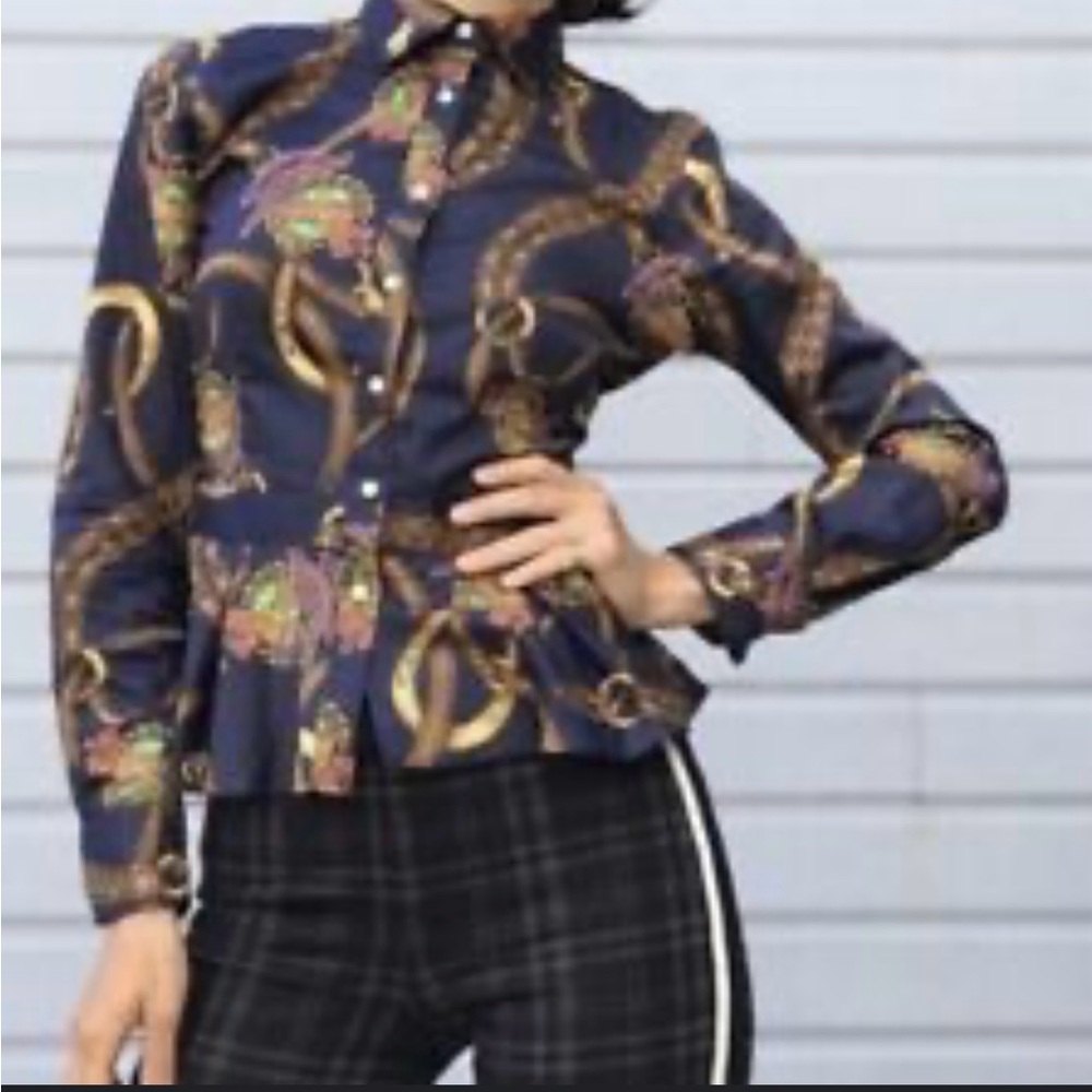 RALPH LAUREN size 14 Elegant Navy Patterned Women's Top